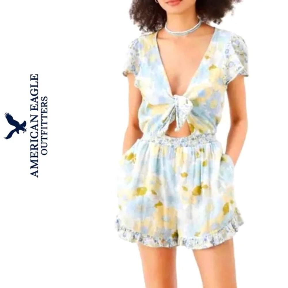 American Eagle Outfitters Blue and Yellow Floral Romper